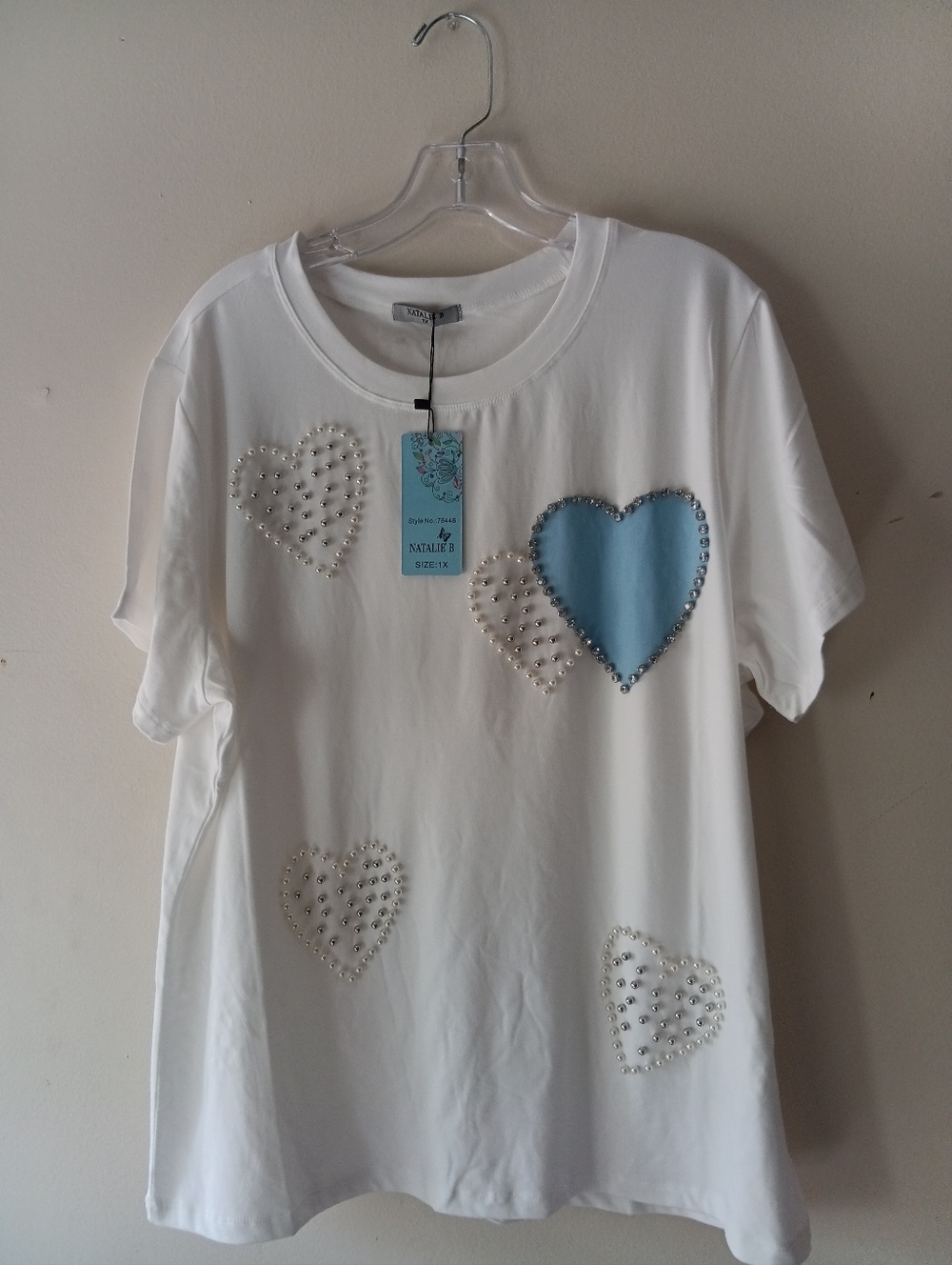 White Adults  Heart Accent Tee with Blue Heart